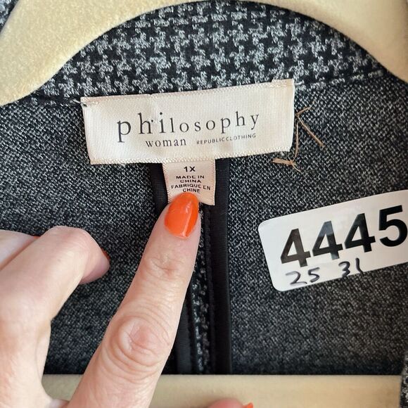 Philosophy Plaid Check Duster Jacket Coat Size 1X XL Gray Black Classic Long - Picture 2 of 6